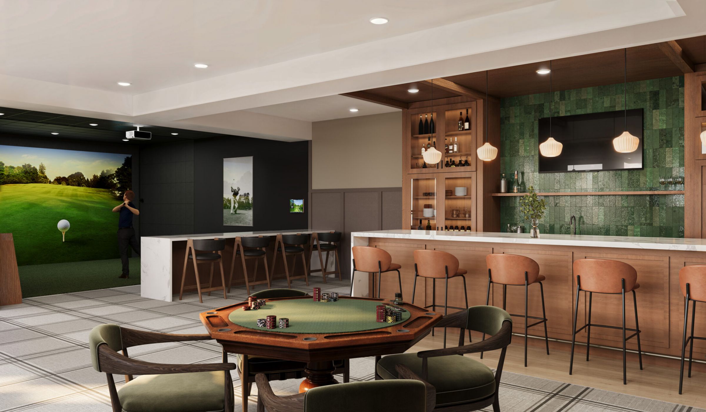 The Ensley 55+ Luxury Apartments with Modern bar and lounge with a golf simulator, poker table, bar stools, and green tiled backsplash.