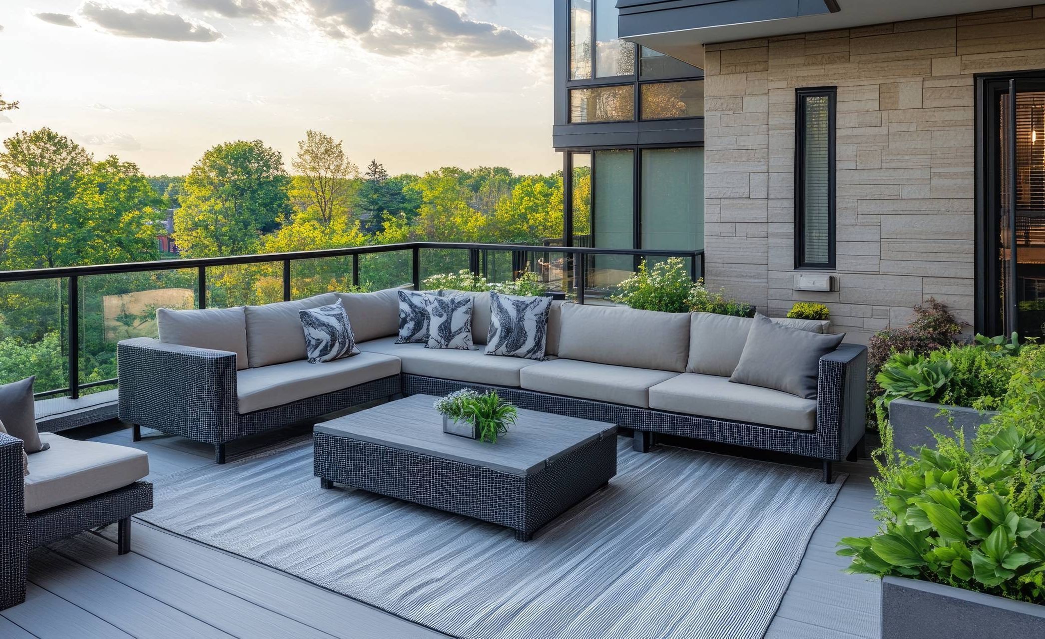 The Ensley 55+ Luxury Apartments with Modern patio with a gray sectional sofa, coffee table, and rug, surrounded by greenery and glass railings.
