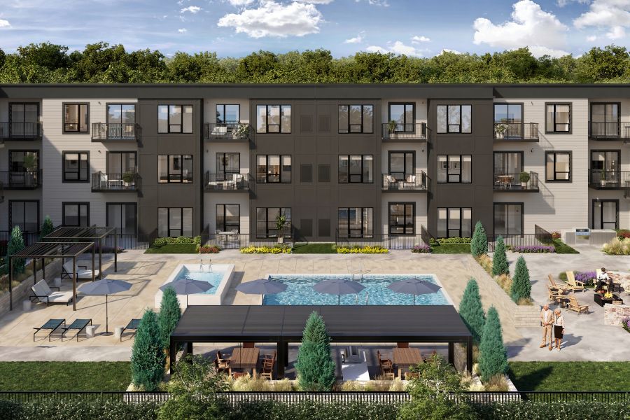 The Ensley 55+ Luxury Apartments with Modern apartment complex courtyard with a pool, lounge chairs, greenery, and people relaxing outdoors.