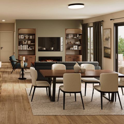 The Ensley 55+ Luxury Apartments with Modern open-concept living and dining area with neutral decor, large windows, and wooden furniture.