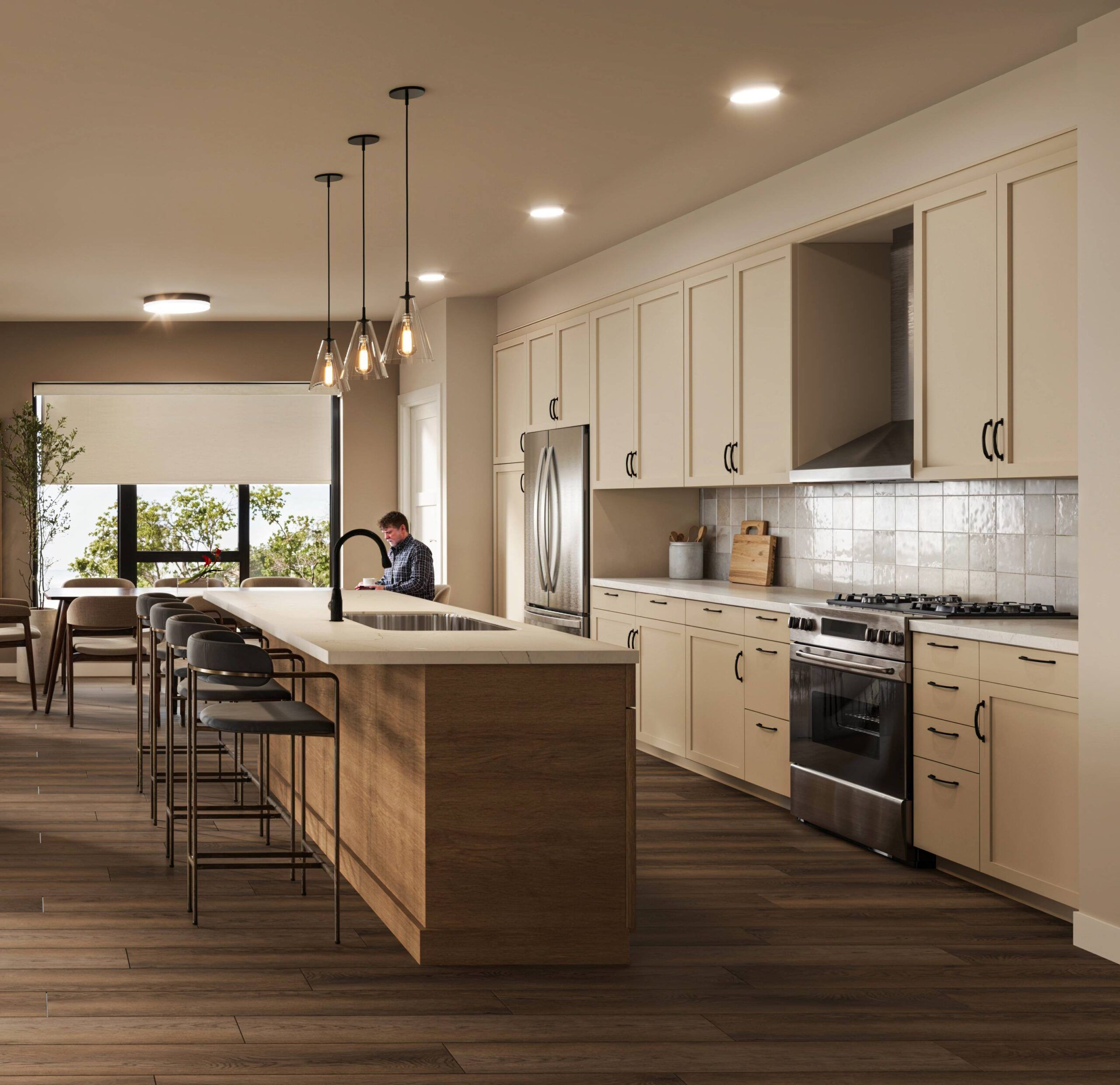 The Ensley 55+ Luxury Apartments with Modern kitchen with beige cabinets, wood island, bar stools, and a person sitting by the window.