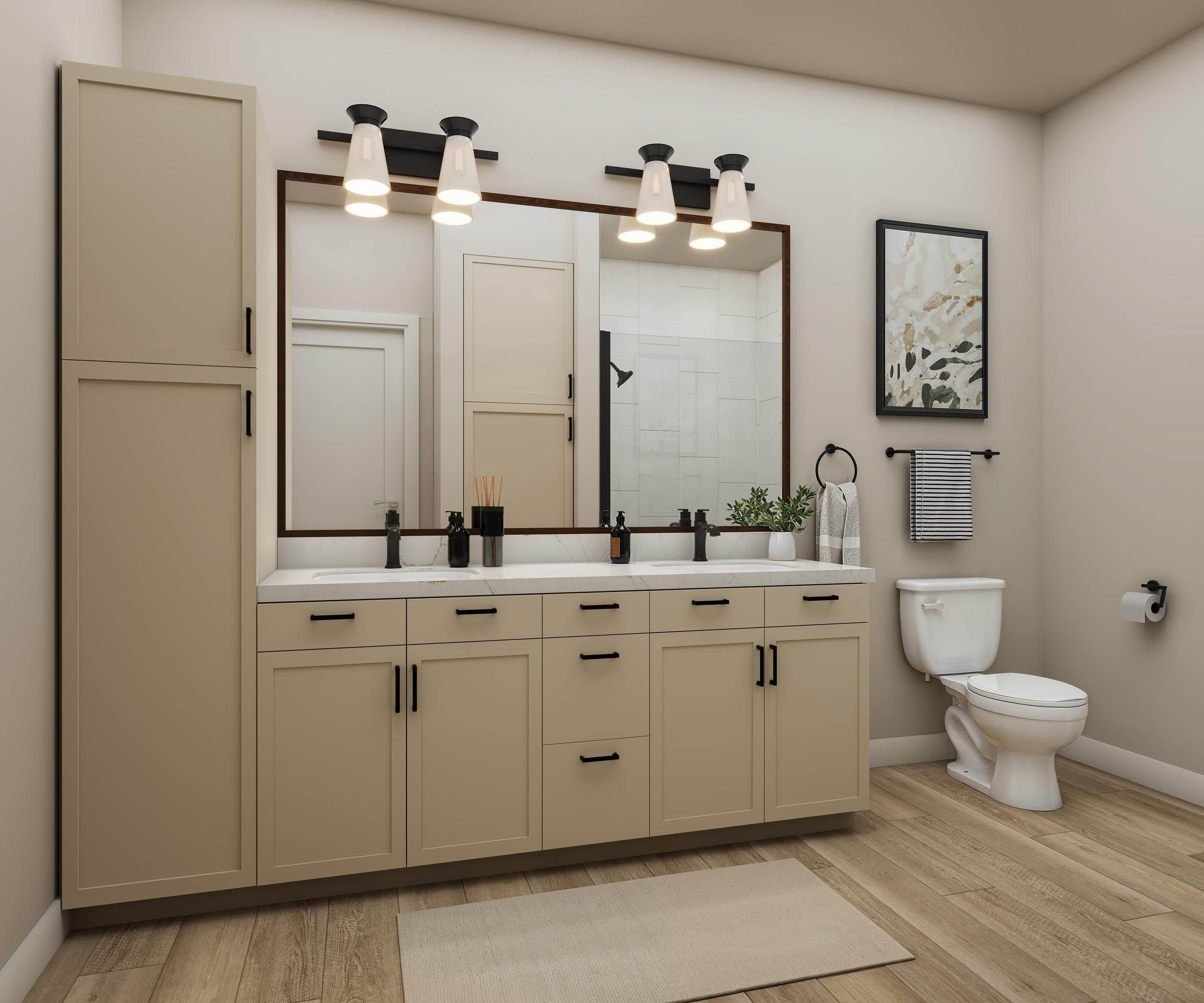 The Ensley 55+ Luxury Apartments with Modern bathroom with beige cabinets, large mirror, toilet, towel rack, and wooden floor.
